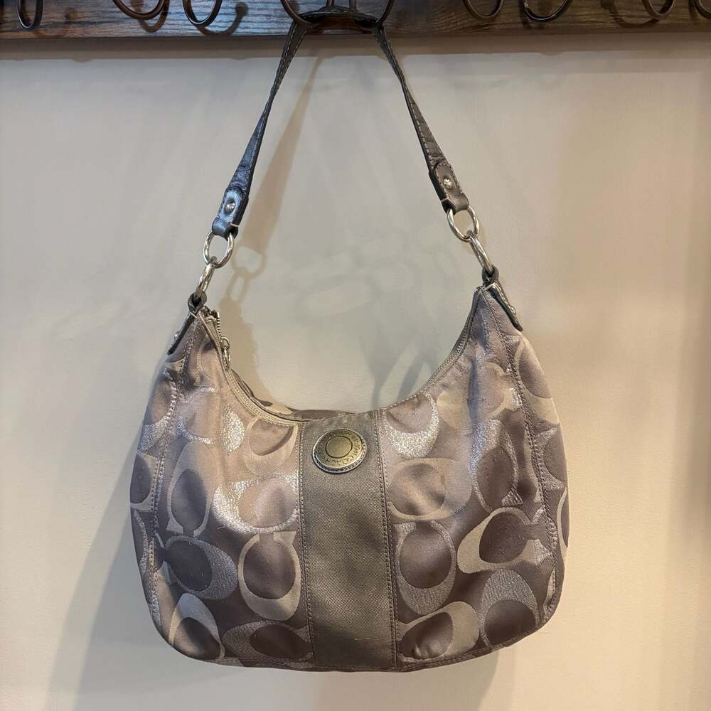 Coach Signature Metallic Op Art Hobo Shoulder Bag Gray Silver F20428